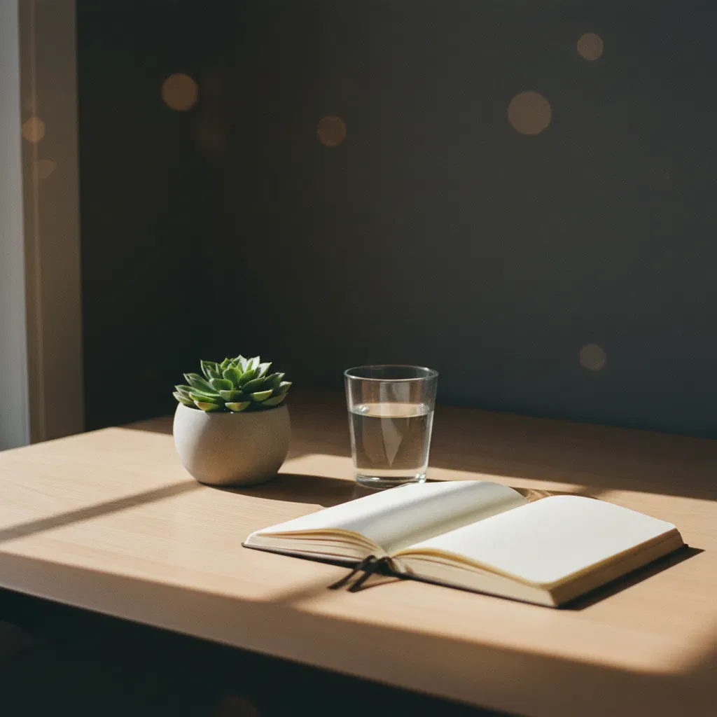 Clean workspace with a notebook, a plant and a glass of water on a light desk