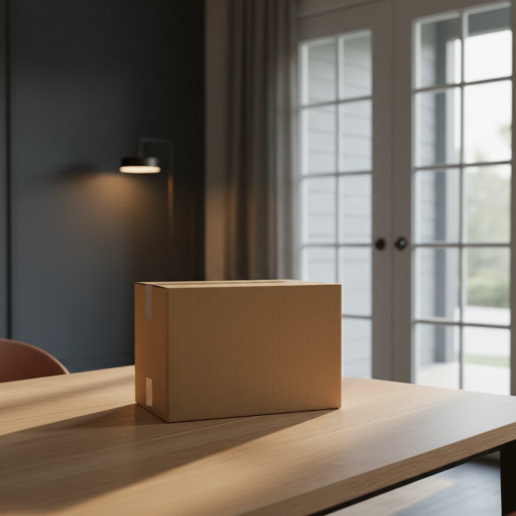 A neat plain kraft parcel box on a table near a bright front door