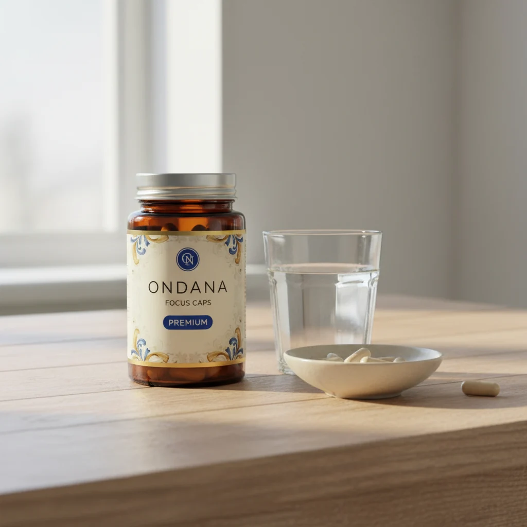 Ondana Focus Caps amber glass jar on a bright kitchen table beside a glass of water and a bowl of almonds