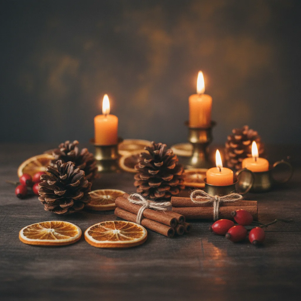 Autumn and winter botanicals - pine cones, dried orange slices and rosehips on a dark wooden surface